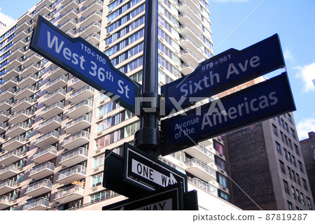 Blue West 36th Street, Broadway and Avenue of the Americas 6th historic sign 87819287