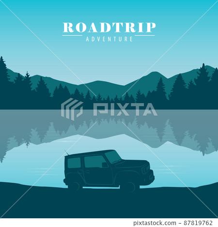 nature landscape by the lake roadtrip adventure with offroad car 87819762