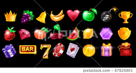 Casino slot icon set, vector gambling machine badge kit, virtual Vegas game fruit UI design elements Casino slot icon set, vector gambling machine badge kit, virtual Vegas game fruit UI design elements 87820801