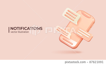 Pink Smartphone with speech bubbles Icons. Realistic 3d object. Pink Smartphone with speech bubbles Icons. Realistic 3d object. 87821091
