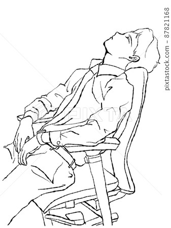 Illustration material: Hand-drawn illustration of a man leaning against an office chair, closing his eyes and taking a break (line drawing only) 87821168