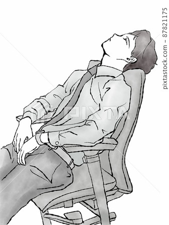 Illustration material: Hand-drawn illustration of a man leaning against an office chair, closing his eyes and taking a break (monochrome) 87821175