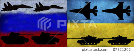 Russian-Ukrainian crisis, conflict. Tanks, and war plane against the background of flags.The concept of repelling the aggression of the Russian Federation, threatening Europe with war Russian-Ukrainian crisis, conflict. Tanks, and war plane against the background of flags.The concept of repelling the aggression of the Russian Federation, threatening Europe with war 87821202