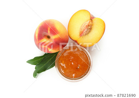 Bowl of peach jam and ingredient isolated on white background Bowl of peach jam and ingredient isolated on white background 87821690