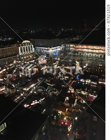 Germany's oldest Christmas market in Dresden seen from the sky at night 87821819