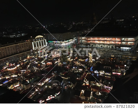 Germany's oldest Christmas market in Dresden seen from the sky at night 87821820