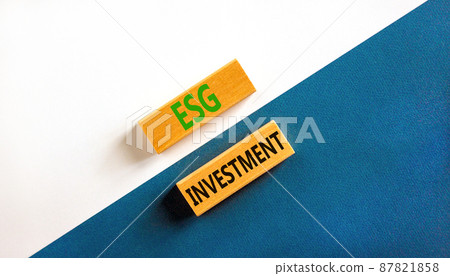 ESG environmental social governance investment symbol. Concept words ESG investment on blocks on a beautiful blue table white background. Business, ESG investment concept. Copy space. 87821858
