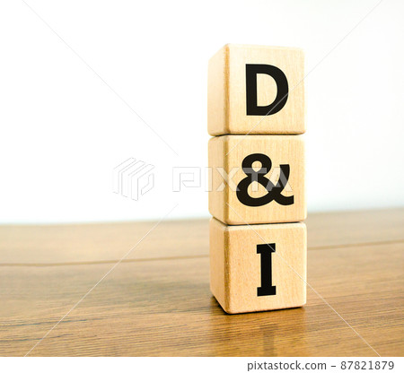 D and I, Diversity and inclusion symbol. Concept words D and I, diversity and inclusion on wooden cubes on beautiful wood table, white background. Business, D and I, diversity and inclusion concept. D and I, Diversity and inclusion symbol. Concept words D and I, diversity and inclusion on wooden cubes on beautiful wood table, white background. Business, D and I, diversity and inclusion concept. 87821879