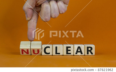 Nuclear or clear symbol. Businessman turns a cube and changes the word 'nuclear' to 'clear'. Beautiful orange background. Nuclear or clear and business concept. Copy space. 87821962