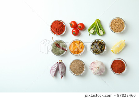 Concept of aromatic spices on white background Concept of aromatic spices on white background 87822466