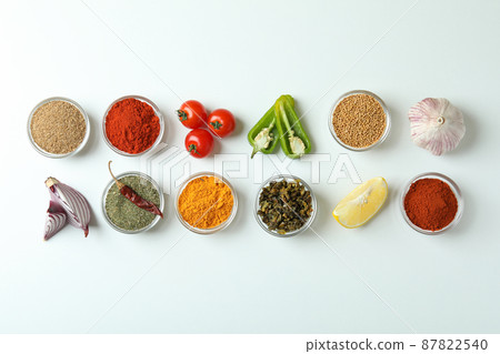 Concept of aromatic spices on white background Concept of aromatic spices on white background 87822540