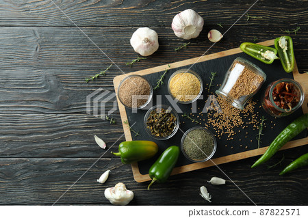 Concept of aromatic spices on rustic wooden table 87822571