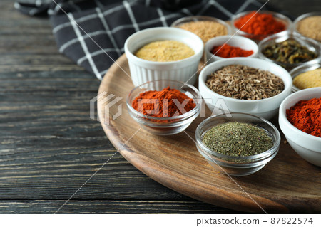Concept of aromatic spices on rustic wooden table Concept of aromatic spices on rustic wooden table 87822574