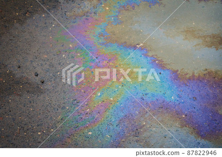 Oil stain on Asphalt, color Gasoline fuel spots on Asphalt Road as Texture or Background 87822946
