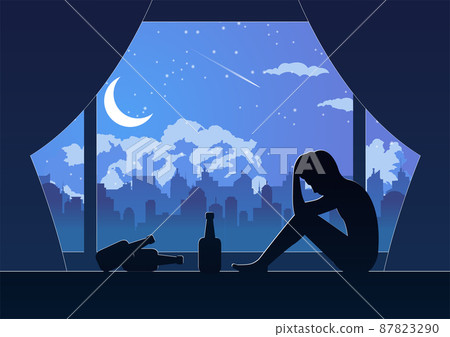 Silhouette design of lonely depressed man sit between lonely night in his room, 87823290