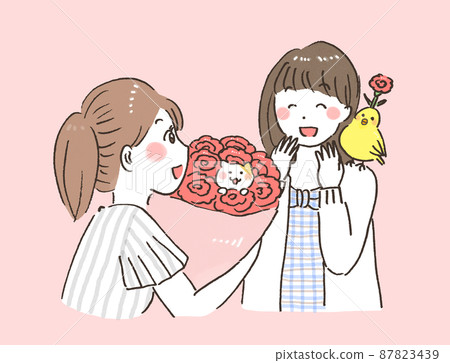 A hand-painted watercolor-style illustration of a woman handing a bouquet on Mother's Day 87823439