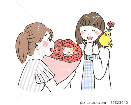 A hand-painted watercolor-style illustration of a woman handing a bouquet on Mother's Day A hand-painted watercolor-style illustration of a woman handing a bouquet on Mother's Day 87823440