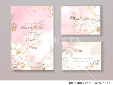 Wedding floral invitation in watercolor and pastel. Lily and splashes, stains. Save the date, thanks. RSVP card design. Golden tender pink flowers. Vector art template set 87823633