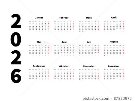 2026 year simple horizontal calendar in german, typographic calendar isolated on white 87823973