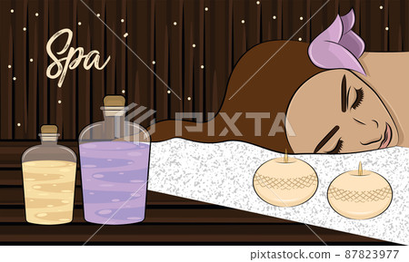 Spa candles and spa flask bottles Woman relaxing Spa template Vector Spa candles and spa flask bottles Woman relaxing Spa template Vector 87823977