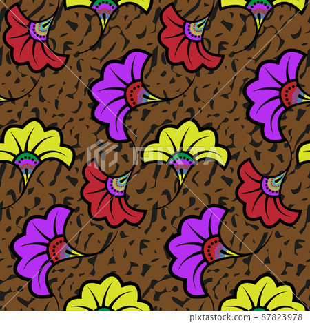 African Wax Print fabric, Ethnic handmade ornament seamless design, tribal pattern motifs floral elements. Vector texture, afro colorful textile Ankara fashion style. Pareo wrap dress wedding flowers African Wax Print fabric, Ethnic handmade ornament seamless design, tribal pattern motifs floral elements. Vector texture, afro colorful textile Ankara fashion style. Pareo wrap dress wedding flowers 87823978