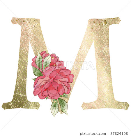 Gold capital letter M decorated with peonies flowers and leaves. Gold capital letter M decorated with peonies flowers and leaves. 87824108