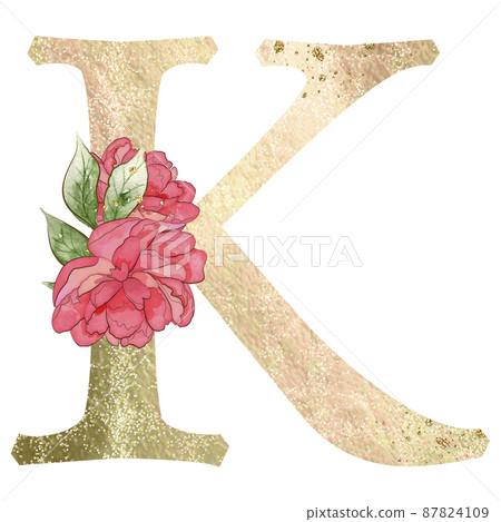 Gold capital letter K decorated with peonies flowers and leaves. Gold capital letter K decorated with peonies flowers and leaves. 87824109