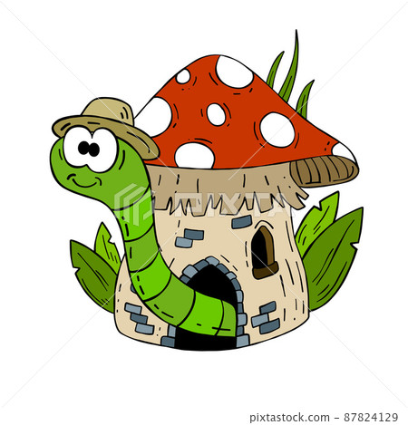 Mushroom house with funny caterpillar. 87824129