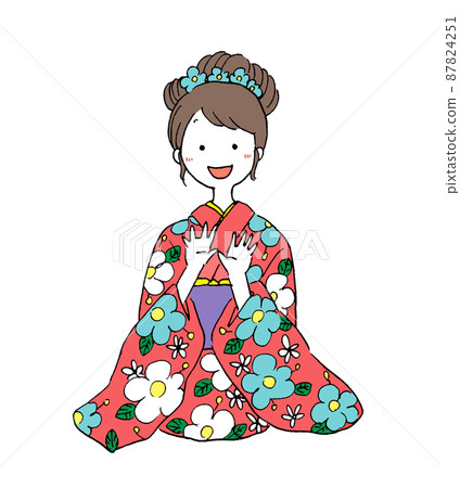 一位身穿和服的年輕日本女性的插圖，帶有可愛的觸感 87824251