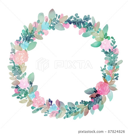 Watercolor. Watercolor wreath illustration. Decorative frame of flowers and plants drawn with a watercolor touch. Watercolor. Watercolor wreath illustration. Decorative frame of flowers and plants drawn with a watercolor touch. 87824826