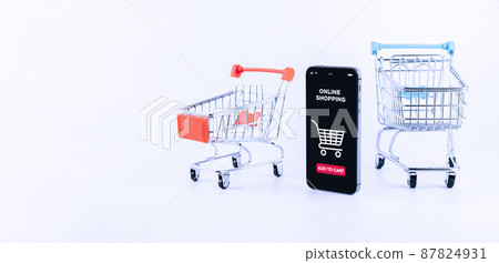 Web shopping. Digital smartphone with online shop app, shopping trolley on white background. Ecommerce and customer experience concept. Internet purchase, online shop. Web shopping. Digital smartphone with online shop app, shopping trolley on white background. Ecommerce and customer experience concept. Internet purchase, online shop. 87824931
