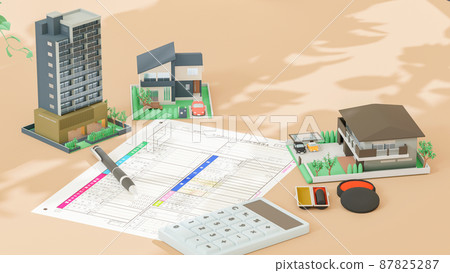 An image of a house composed of 3D illustrations and a tax return. 87825287