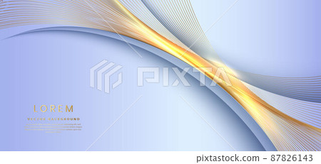 3D modern luxury template design golden wave stripes line with light glow effect on soft blue background. 3D modern luxury template design golden wave stripes line with light glow effect on soft blue background. 87826143