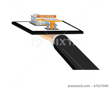 Businessman hold tablet with Gas station building, vector illustration 87827099