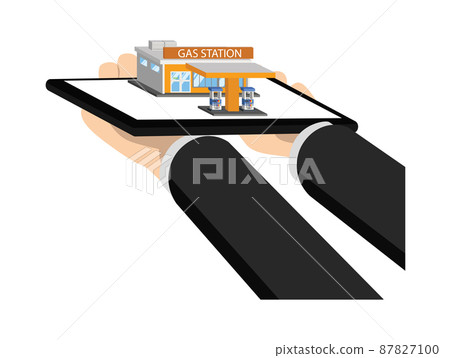 Businessman hold tablet with Gas station building, vector illustration 87827100