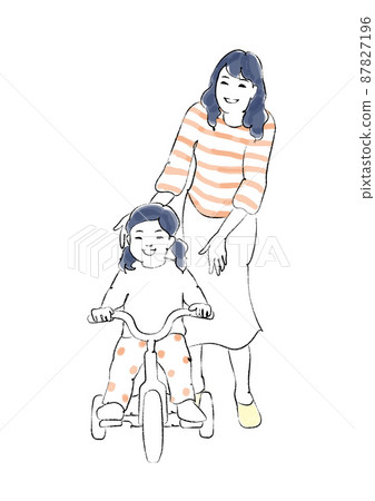 騎著三輪車的女孩和似乎依戀的媽媽手繪風線圖 87827196