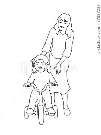 Monochrome line drawing of a girl riding a tricycle and a mother who seems to be attached 87827288