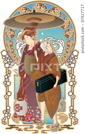 日式哥特式的藝妓和服務員撐著傘走路 日式哥特式的藝妓和服務員撐著傘走路 87827717