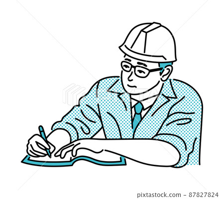A middle-aged man in work clothes filling out documents A middle-aged man in work clothes filling out documents 87827824