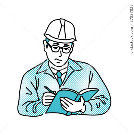 A middle-aged man in work clothes filling out documents 87827825