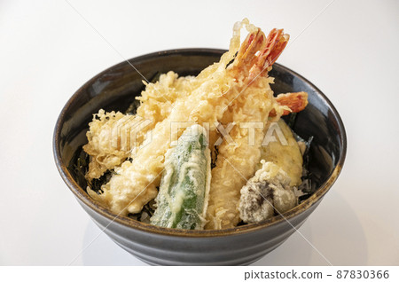 Bowl of rice and fried fish 87830366