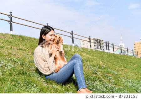 一個年輕的女人和她的狗在戶外玩耍（迷你臘腸犬） 87831155