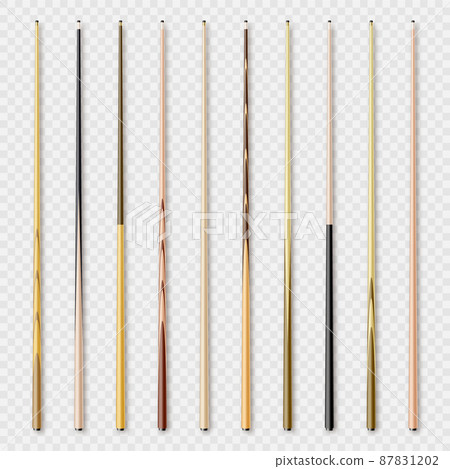 Various wooden billiard cues. Snooker sports equipment. Vintage pool cue. Active recreation and Various wooden billiard cues. Snooker sports equipment. Vintage pool cue. Active recreation and 87831202