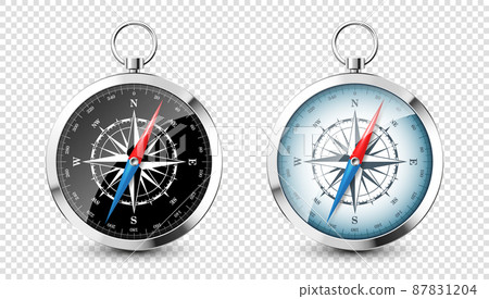 Realistic silver vintage compass with marine wind rose and cardinal directions of North, East, South 87831204
