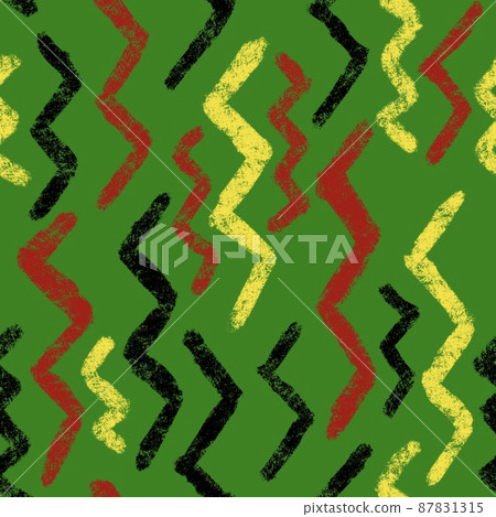 Hand drawn seamless pattern with african geometric ornament design print, Juneteenth freedom 1865 fabric, yellow green red black abstract shapes kente cloth, ethnic background. 87831315