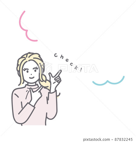 一個年輕女子用雙手指著她的手指的圖像插圖 一個年輕女子用雙手指著她的手指的圖像插圖 87832245