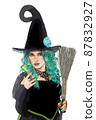 Witch With Green Hair and Broom on White Background 87832927