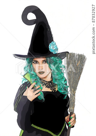 Witch With Green Hair and Broom on White Background 87832927