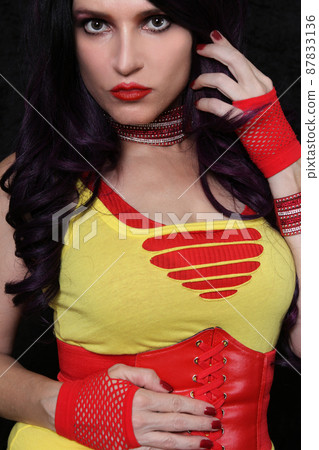 Vintage Style Fashion, Red Fishnet Glove with red corset belt 87833136