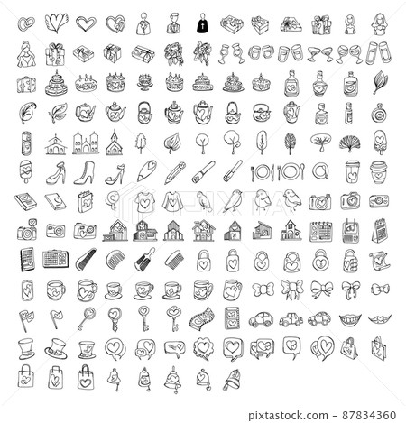 Wedding Doodle vector icon set. Drawing sketch illustration hand drawn line eps10 Wedding Doodle vector icon set. Drawing sketch illustration hand drawn line eps10 87834360